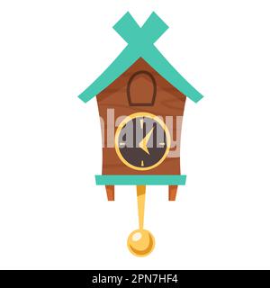 Ancienne horloge à coucou. Illustration vectorielle de l'horloge murale grand-père en bois avec pendule or et cabine pour oiseau isolé sur fond blanc. Montre vintage avec rappel Illustration de Vecteur