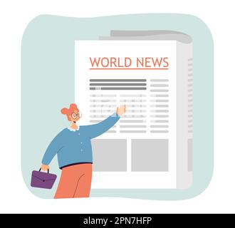 Petite femme lisant un journal avec un titre d'actualité mondiale Illustration de Vecteur