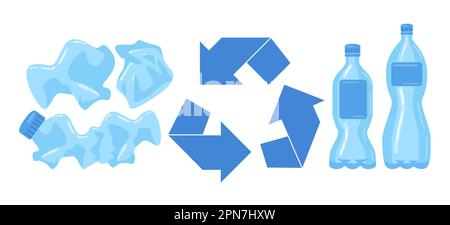 Jeu d'illustrations vectorielles pour bouteilles d'eau en plastique entier et écrasées Illustration de Vecteur