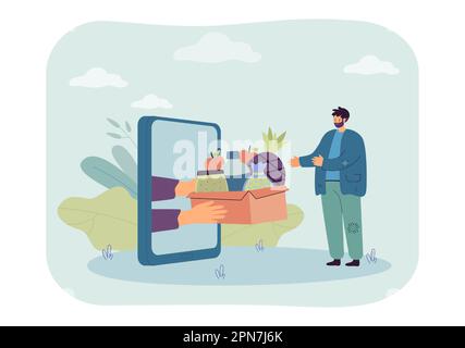 Les volontaires mains de l'écran de téléphone donnant de l'aide à l'homme pauvre minuscule Illustration de Vecteur