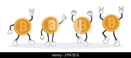 Ensemble de gestes de personnages bitcoin mignons Illustration de Vecteur
