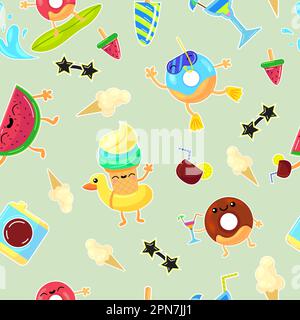 Fête sur la plage avec ensemble de personnages de nourriture mignons dans un motif sans couture Illustration de Vecteur