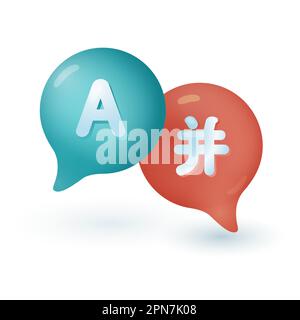 Des bulles vertes et rouges avec des lettres de différentes langues icône 3D Illustration de Vecteur