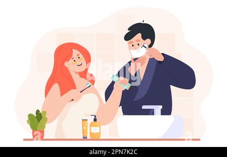 Un homme heureux se raser et une femme se brosser les dents dans la salle de bains Illustration de Vecteur