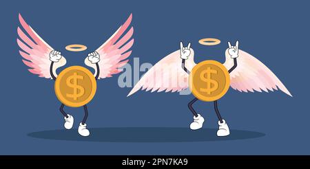 Ensemble de gestes de pièces en dollars d'or avec ailes et halo Illustration de Vecteur