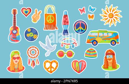 Ensemble d'illustrations vectorielles de badges rétro hippie Illustration de Vecteur