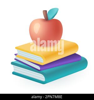 Pomme rouge sur la pile de livres papier de l'icône de la bibliothèque 3D Illustration de Vecteur
