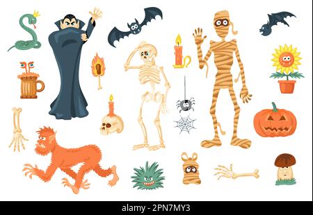 Jeu d'illustrations vectorielles drôle et effrayante Halloween Elements Illustration de Vecteur