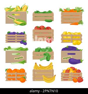 Ensemble d'illustrations vectorielles en bois pour fruits et légumes Illustration de Vecteur