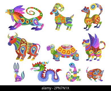 Jeu d'illustrations vectorielles alebrijes mexicaines colorées Illustration de Vecteur