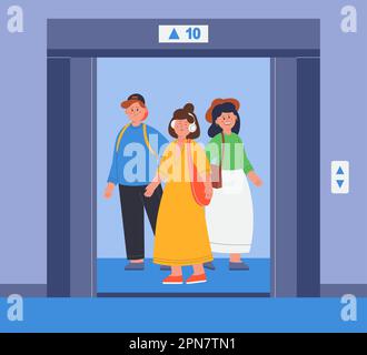 Jeunes à l'intérieur de l'ascenseur avec illustration vectorielle plate à porte ouverte Illustration de Vecteur