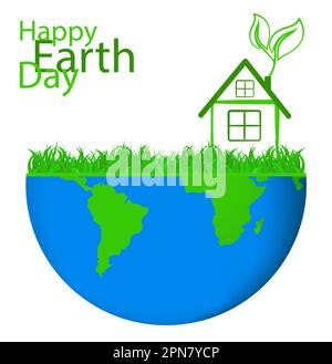 Planète Terre avec carte et feuilles vertes, logo ou emblème, symbole. Concept du jour de la Terre, écologisation de la planète, respect de l'environnement. Écologique Illustration de Vecteur