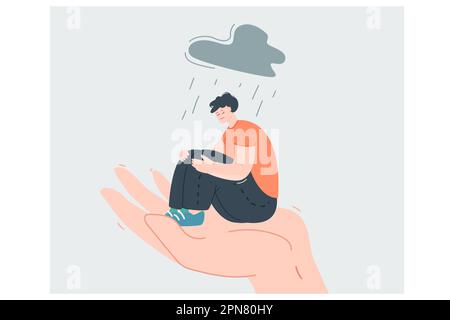 Homme assis sur la paume de la main sous la pluie Illustration de Vecteur