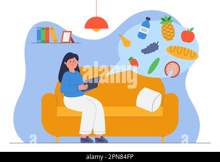 Bonne femme commandant des produits alimentaires via l'application sur tablette Illustration de Vecteur