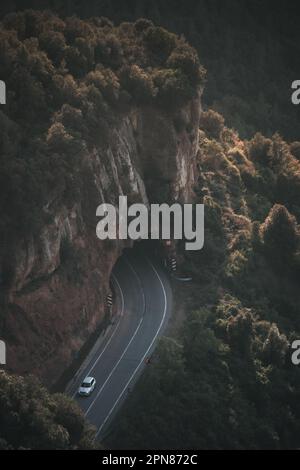 Une voiture blanche longeant une route de montagne pittoresque, en passant par de luxuriants arbres à feuilles persistantes et la magnifique toile de fond du paysage environnant Banque D'Images