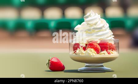 Des fraises fraîches naturelles avec de la glace et de la crème fouettée dans un bol en verre sur fond flou de court de tennis. Symbole alimentaire de Wimbledon Grand S. Banque D'Images