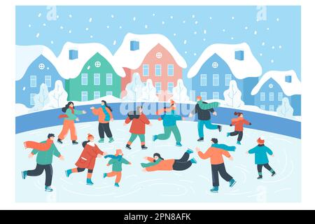 Les gens heureux patinant sur la patinoire dans le paysage de la ville avec des maisons Illustration de Vecteur