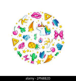 Cercle fantaisie. symboles adhésifs style rétro licorne lips diamond flèches. Modèle d'arrière-plan vectoriel Illustration de Vecteur