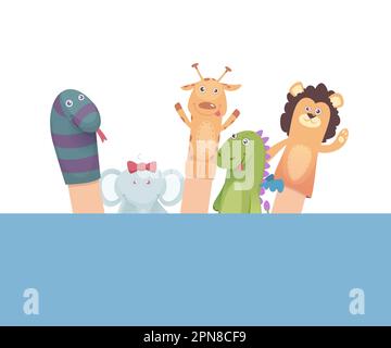 Marionnettes à chaussettes. attraction amusante pour les enfants de dessins animés animaux de chaussettes. Images vectorielles de marionnettes Illustration de Vecteur