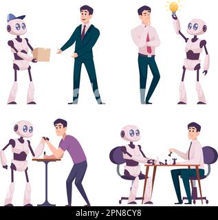 Les gens et les robots. Connexion d'affaires et conversation à proximité de personnes et de robots androïdes personnages de concept de dessin animé vecteur exact Illustration de Vecteur