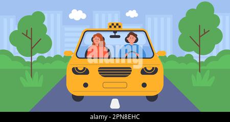 Chauffeur de taxi et passager assis sur le siège avant de la cabine Illustration de Vecteur