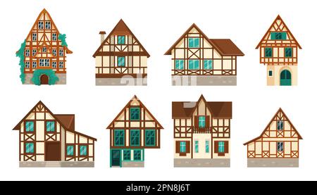 L'ancienne maison à colombages allemande abrite des illustrations vectorielles plates Illustration de Vecteur