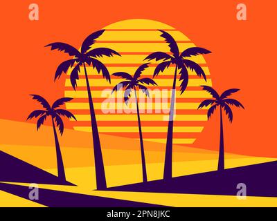 Palmiers sur fond de coucher de soleil rétro. Palmiers tropicaux sur fond de coucher de soleil futuriste. Conception de produits promotionnels, bannière et Illustration de Vecteur