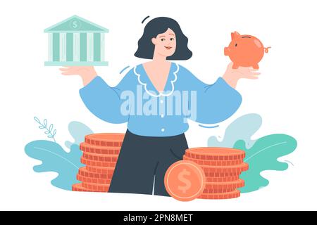 Femme tenant une banque et une illustration de vecteur plat de piggybank Illustration de Vecteur