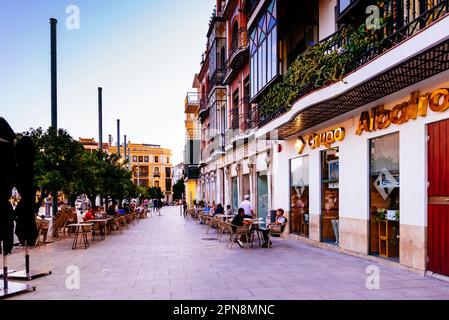 Terrasses sur la Plaza de España au crépuscule. Badajoz, Estrémadure, Espagne, Europe Banque D'Images