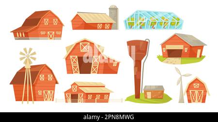 Ensemble d'illustrations vectorielles de maisons de ferme ou de cabanes rouges Illustration de Vecteur