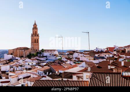 Vue aérienne de la ville de Jerez de los Caballeros mettant en valeur le clocher de l'église Sainte Catherine - Iglesia de Santa Catalina. Jerez de l Banque D'Images