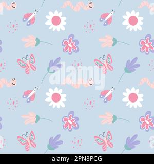 Motif enfant sans coutures avec de jolis papillons, vers et fleurs. Illustration vectorielle dans un style puéril simple Illustration de Vecteur