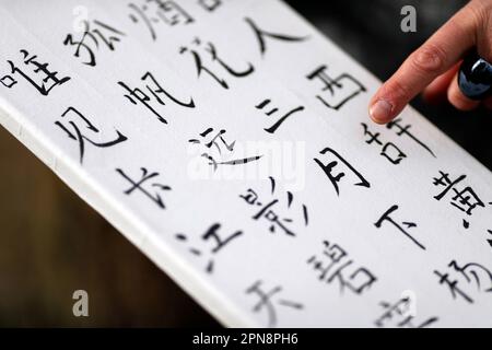 Femme montrant son travail avec des caractères chinois. Calligraphie chinoise. France. Banque D'Images