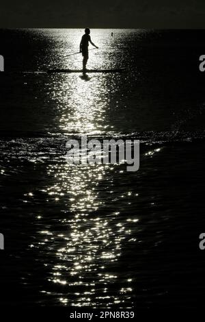 Respiration du nageur pendant la nage dans la mer au coucher du soleil. Îles Caïmans. Banque D'Images