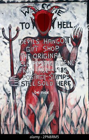 Bienvenue en enfer. Boutique de cadeaux Devil's Hangout. Banque D'Images