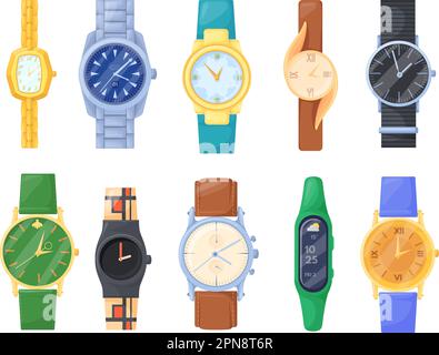 Montres chères. Montre de luxe, mode femmes et hommes bracelets sur le poignet, Digital Smart horloge ou or suisse montre-bracelet collection homme d'affaires ensemble dessin vectoriel soigné Illustration de Vecteur