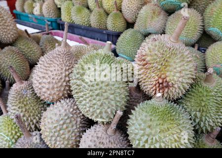 Sélection de duriens à vendre sur un petit marché aux fruits de la rue dans Chinatown. Singapour. Banque D'Images