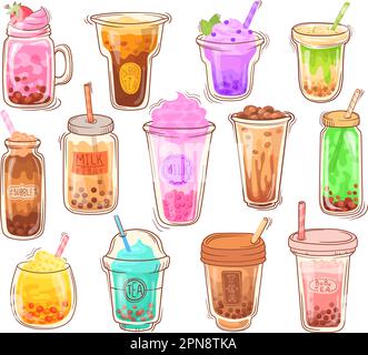 Thé à bulles de dessin animé. Boissons fouettées fraîches dans les tasses, boissons asiatiques avec shake au lait de boba, menu des smoothies dessert café mocha délicieux cocktail de bulles de hipster illustration vectorielle de la boisson au lait de smoothie Illustration de Vecteur