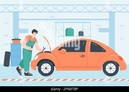 Mécanicien dans la vérification et la réparation de voiture dans le garage Illustration de Vecteur