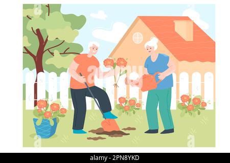 Les grands-parents plantent des fleurs dans le jardin d'origine Illustration de Vecteur