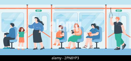 Des personnages de dessin animé assis ou debout dans un bus ou un métro Illustration de Vecteur