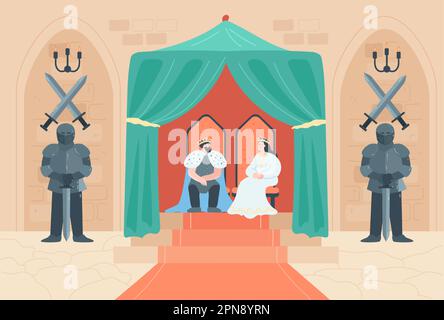 Roi et reine sur le trône dans l'illustration vectorielle plate du palais Illustration de Vecteur