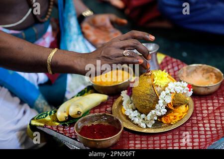 Temple hindou Sri Krishnan. Prêtre hindou ( Brahmin ) exécutant la cérémonie et les rituels de puja. Singapour. Banque D'Images