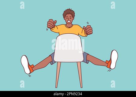 Un homme assis sur une chaise tient le volant invisible dans les mains et imagine que la conduite sur route à grande vitesse est un chauffeur de taxi. Un adolescent afro-américain conduit une voiture invisible Illustration de Vecteur