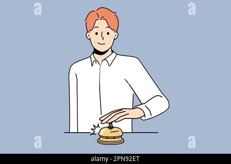 Un homme souriant sonnant à la réception de l'hôtel et appelant le personnel. Un client ou un client heureux appuie sur la sonnerie du compteur d'administration. Illustration vectorielle. Illustration de Vecteur