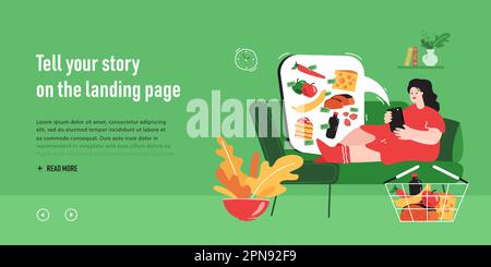 Fille sur le canapé commander de la nourriture à la boutique en ligne par téléphone Illustration de Vecteur