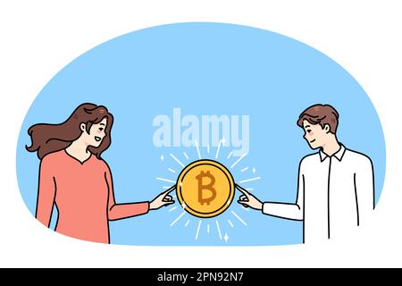 Un homme heureux et une femme touchent le bitcoin gagner de l'argent sur la bourse. Diverses personnes impliquées dans l'exploitation minière ou le commerce de crypto-monnaies. Revenu passif, or virtuel. Illustration vectorielle. Illustration de Vecteur