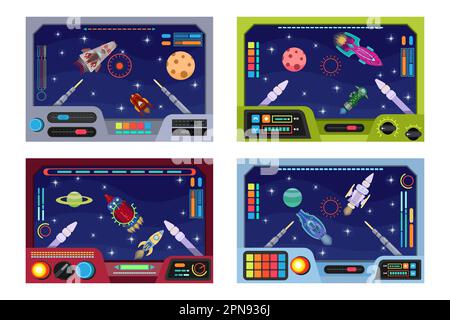 Jeu d'illustrations de dessins animés des panneaux de commande du vaisseau spatial Illustration de Vecteur