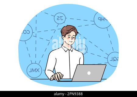 Un jeune homme souriant s'assoit au bureau pour faire de la programmation Web sur un ordinateur au bureau. Guy programmeur travaille sur ordinateur portable, test de codage sur l'appareil. Débogage et test. Poste d'analyste ou de développeur. Illustration vectorielle. Illustration de Vecteur