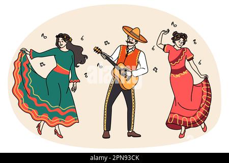 Des hommes et des femmes heureux en vêtements traditionnels dansent ensemble à la guitare sur le carnaval mexicain. Les Mexicains souriants en costumes aiment la fête nationale jouer de la musique. Illustration vectorielle plate. Illustration de Vecteur